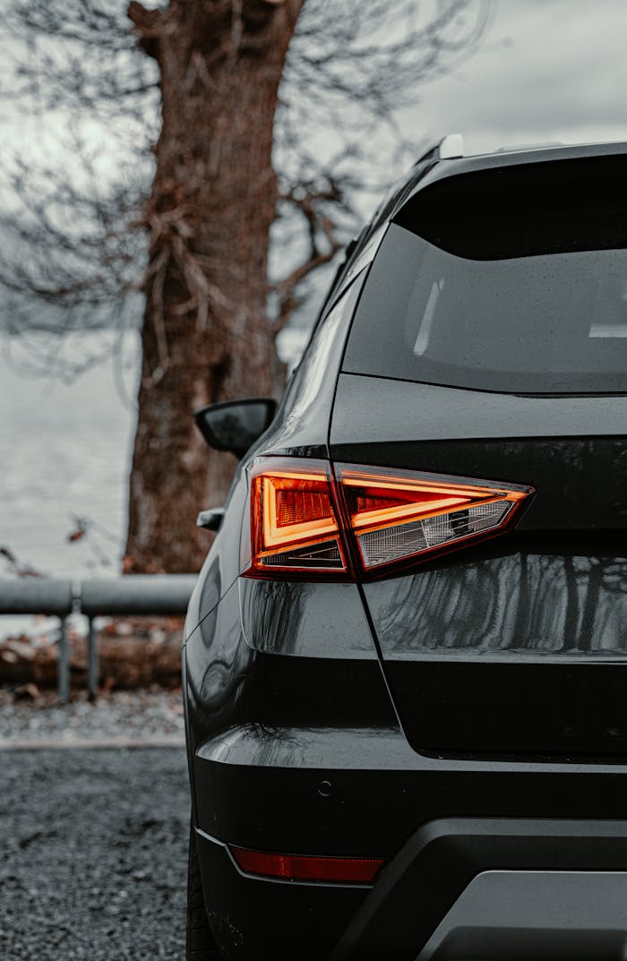 Rear view of a black car parked outdoors with autumn trees in Edinburgh, Scotland.
