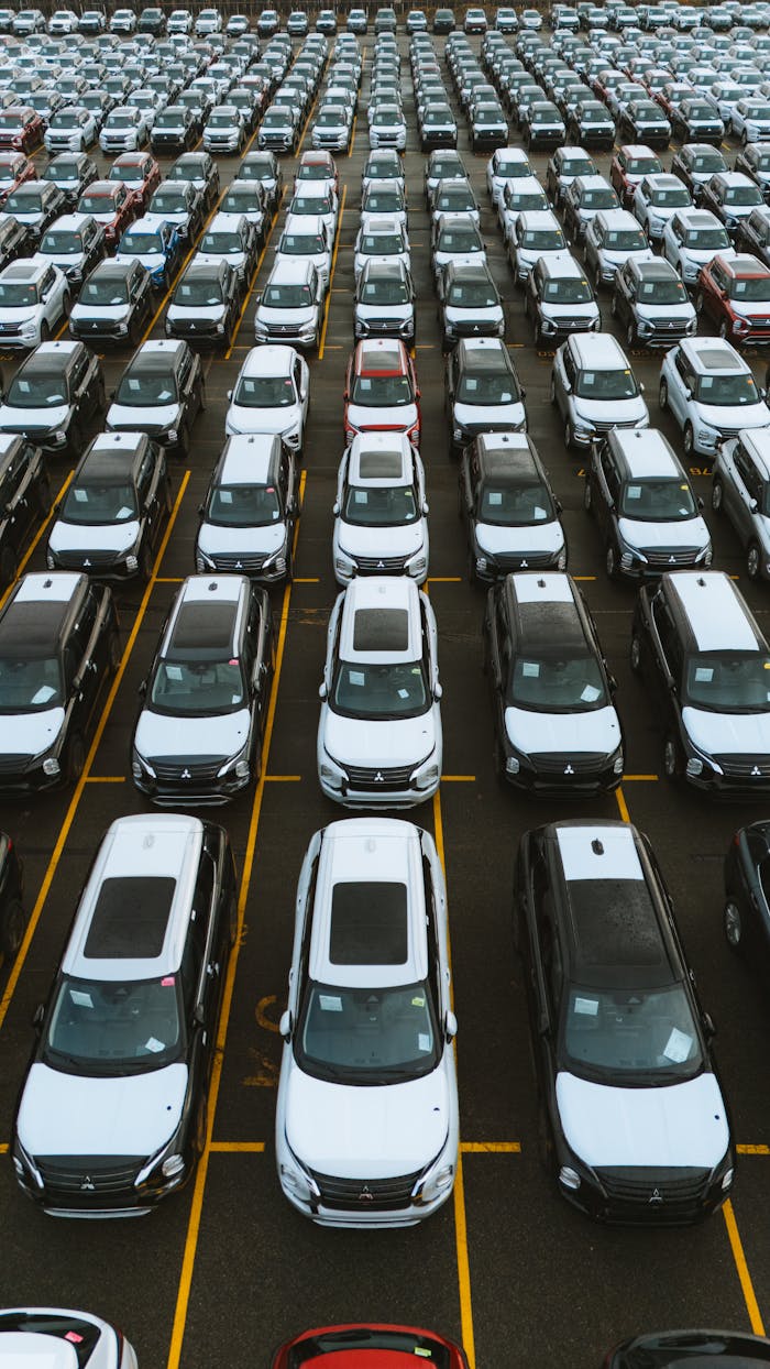 Aerial view of numerous cars in a parking lot, showcasing lined automobiles for sale or storage.